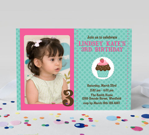 horizontal girl birthday invitation in pink and teal with single photo and tiny cupcake detail