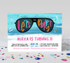 tween or teen girl birthday invite with blue watercolor background, multicolored text and black sunglasses