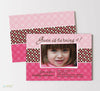 girls birthday invitation with polka dots in shades of pink, a brown polka dot ribbon in center and single photo, double sided