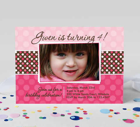 girls birthday invitation with polka dots in shades of pink, a brown polka dot ribbon in center and single photo