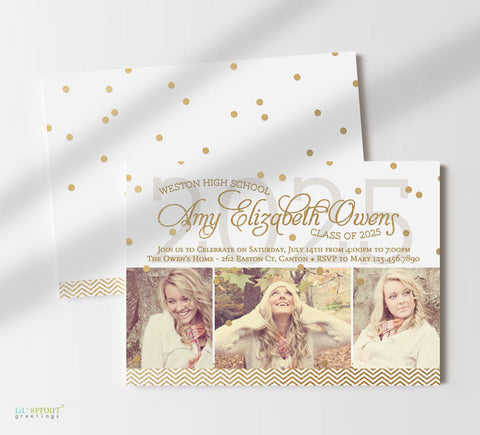 three photo graduation announcement in a horizontal format with white background, gold text and gold confetti details, back side with gold confetti dots