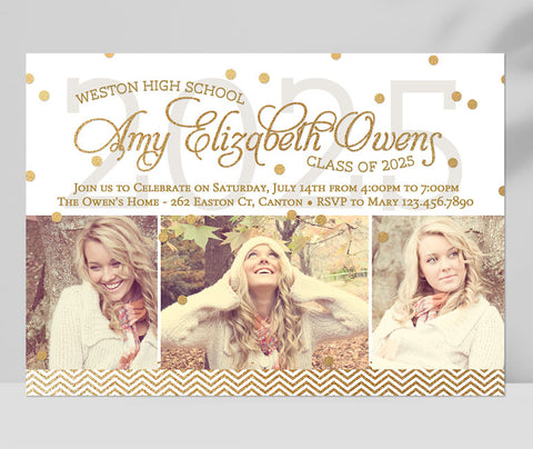 three photo graduation announcement in a horizontal format with white background, gold text and gold confetti details