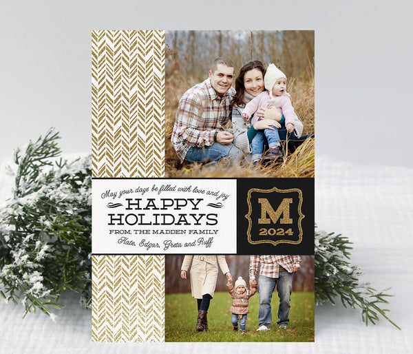 christmas or holiday photo card in portrait orientation with a gold herringbone pattern on left, two photos at right and a band across center with text and a gold monogram