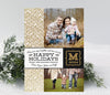 christmas or holiday photo card in portrait orientation with a gold herringbone pattern on left, two photos at right and a band across center with text and a gold monogram