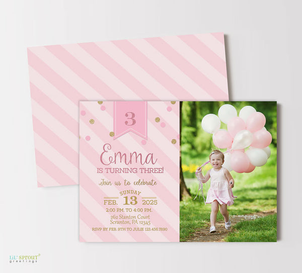 girls photo birthday invitation with pink striped background, gold text and confetti and a single photo on the right, double sided
