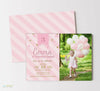 girls photo birthday invitation with pink striped background, gold text and confetti and a single photo on the right, double sided
