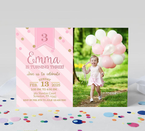 girls photo birthday invitation with pink striped background, gold text and confetti and a single photo on the right