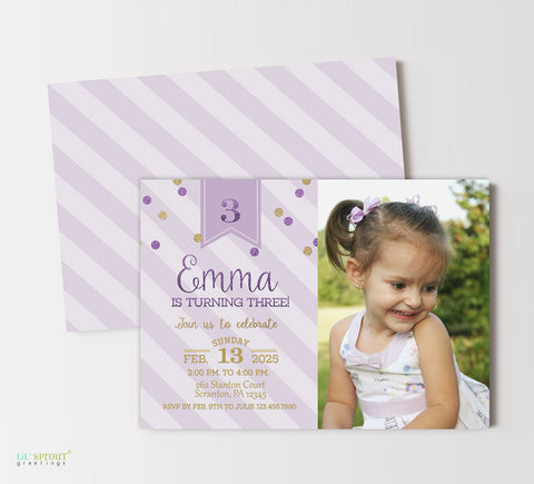 girls photo birthday invitation with purple striped background, gold text and confetti and a single photo on the right