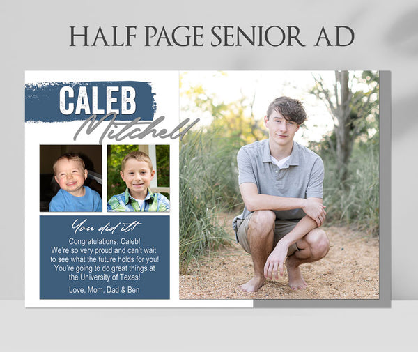 half page senior yearbook ad with three photos, blue details and white writing