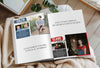 open book with half page senior yearbook ads, blanket and wood floor background scene