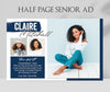 half page senior yearbook ad with three photos, navy details and white writing