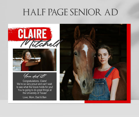 half page senior yearbook ad with two photos, red details and white writing