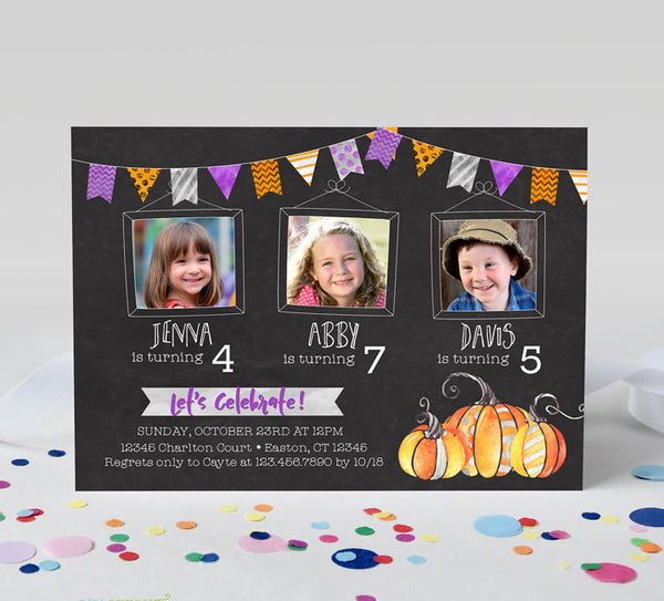 halloween triple birthday invitation for 3 kids with three photos, pumpkin graphics, colorful purple orange and gray bunting, and a chalkboard background