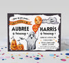 joint birthday invitation with halloween theme, ghosts, orange pumpkins and balloons, black border