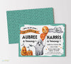 joint birthday invitation with halloween theme, ghosts, orange pumpkins and balloons, teal border, patterned back side