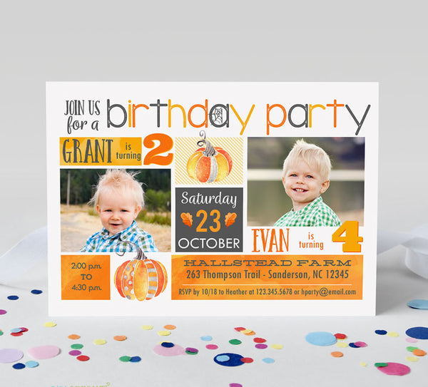 halloween or fall double birthday invitation for two kids with orange yellow and gray color scheme, watercolored pumpkin graphics, two photos of the birthday kids