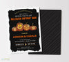 halloween spooktacular birthday invitation for two kids with carved jack-o-lanterns, bats, and a black background with white frame 