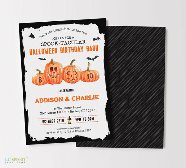 halloween spooktacular birthday invitation for two kids with carved jack-o-lanterns, bats, and a white background with black frame, double sided