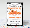 halloween spooktacular birthday invitation for two kids with carved jack-o-lanterns, bats, and a white background with black frame