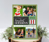 vertical holiday or christmas card with a green background and four photos, white and black text are used