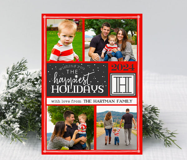 vertical holiday or christmas card with a red background and four photos, white and black text are used