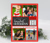 vertical holiday or christmas card with a red background and four photos, white and black text are used