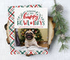 pet photo christmas card with green and red text and plaid on back side