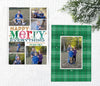 portrait oriented christmas holiday card with 6 photos, colorful plaid patterned text and gold stars, green plaid back side with a single photo