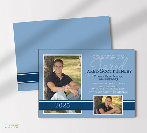 high school photo graduation announcement with a light blue background, white text and a navy blue ribbon detail with two photos