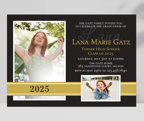 high school photo graduation announcement with a black background, gold text and a gold ribbon detail with two photos