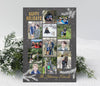 holiday or christmas photo card with 12 photos in a collage style on a gray background with white snow, white pine branches and gold text