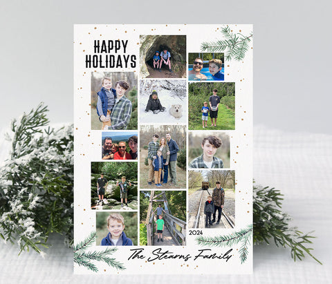 holiday or christmas photo card with 12 photos in a collage style on a white background with gold snow, green pine branches and black text