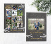 holiday or christmas photo card with 12 photos in a collage style on a gray background with white snow, white pine branches and gold text