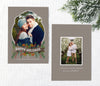 portrait holiday card with beige patterned background, curved frame and traditional christmas theme, back side with photo