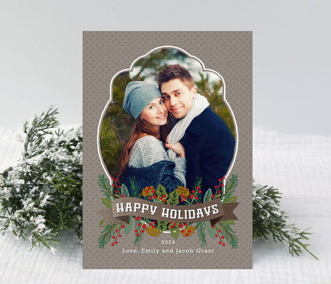 portrait holiday card with beige patterned background with a fine pattern, curved frame and traditional christmas themed 