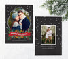 portrait holiday card with chalkboard background and snow, curved frame and traditional christmas theme, back side with photo and line of text