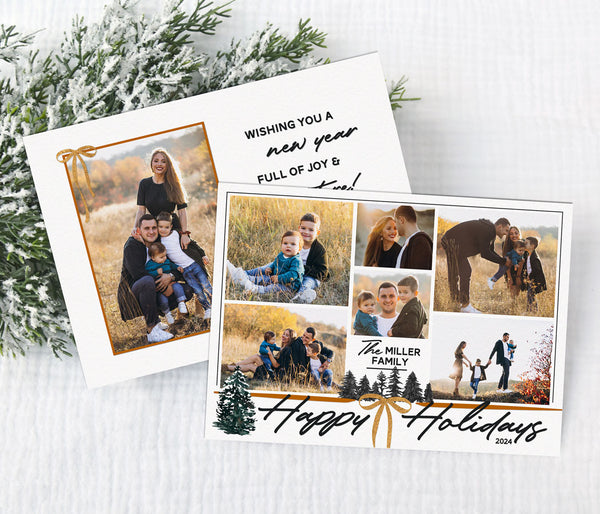 collage style holiday card with 6 photos on a white background, black text, gold ribbon detail and dark green pine tree graphics