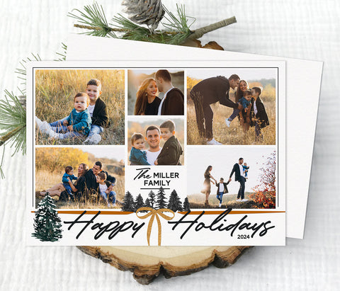 collage style holiday card with 6 photos on a white background, black text, gold ribbon detail and dark green pine tree graphics