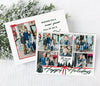 collage style holiday card with 6 photos on a white background, green text, red ribbon detail and dark green pine tree graphics