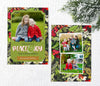 christmas or holiday photo card in portrait orientation featuring a painted red and green holly on black background, gold frame and a single photo