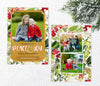 christmas or holiday photo card in portrait orientation featuring a painted red and green holly background, gold frame and a single photo