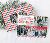 christmas card with colorful rainbow stripes and text, four photos and fun holly jolly wording