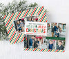 christmas card with red, green and gold stripes and text, four photos and fun holly jolly wording