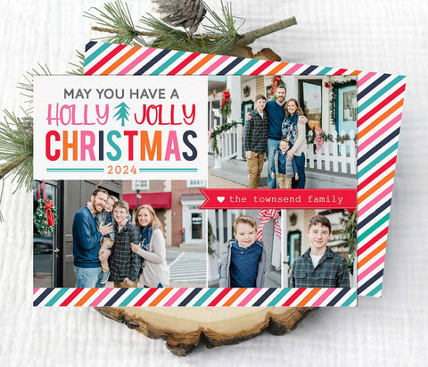 christmas card with colorful rainbow stripes and text, four photos and fun holly jolly wording