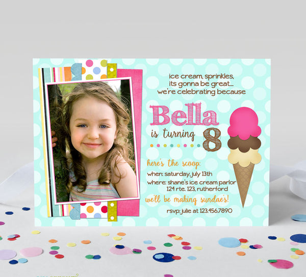 ice cream themed birthday invitation with single photo on left, colorful ribbons behind photo, blue polka dot background and triple scoop ice cream cone