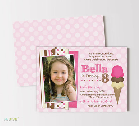 ice cream themed birthday invitation with single photo on left, colorful ribbons behind photo, pink polka dot background and triple scoop ice cream cone