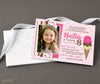 ice cream themed birthday invitation with single photo on left, colorful ribbons behind photo, pink polka dot background and triple scoop ice cream cone, printed on cardstock