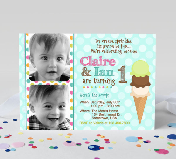 ice cream themed joint birthday invitation for two kids with photos, teal polka dot background, triple scoop ice cream cone detail