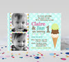 ice cream themed joint birthday invitation for two kids with photos, teal polka dot background, triple scoop ice cream cone detail