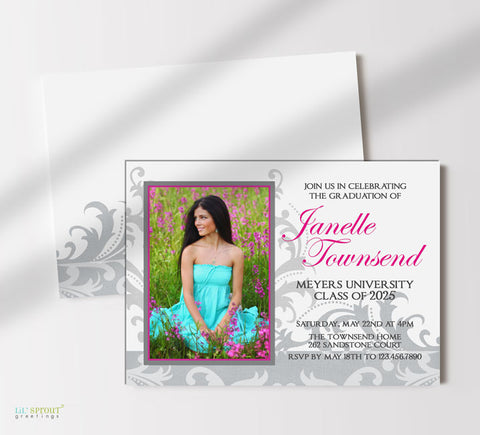 horizontal graduation announcement with a single photo, white background, gray damask accent detail, and gray and pink text, background with damask detail